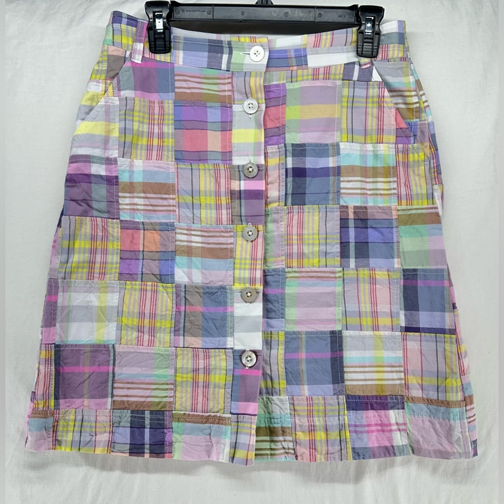 Brooks Brothers Cotton A-Line Button Front Madras Plaid Patchwork Skirt Size 8